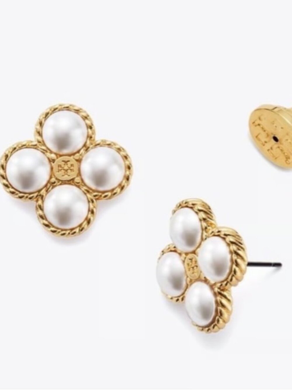 Tory Burch Pearl Clover Stud Earrings Gold Tone Logo Floral Earrings